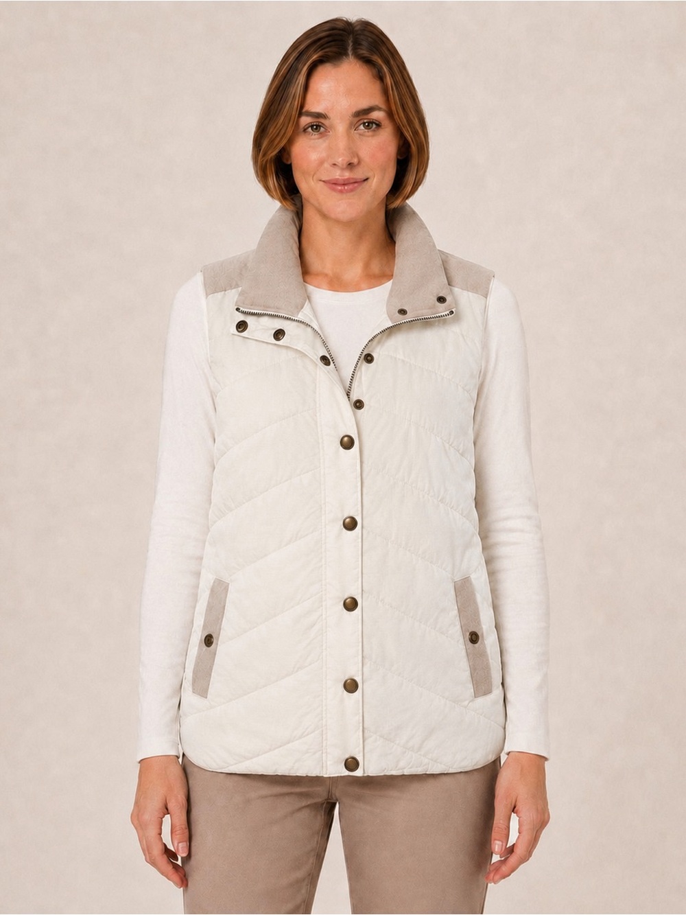 Natural Reflections Women’s Quilted Puffer Vest Ivory Tan Snap Front Size M